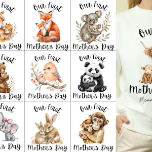 Gepersonaliseerde eerste Moederdag png-bundel, onze eerste Moederdag bijpassende shirts png, moeder en baby png, dier png, voor commercieel gebruik