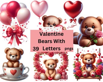 Valentine Teddy Bear Clipart, Love Bears, Kawaii Bear Art (Digital Download)