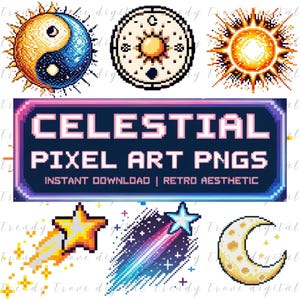 Imágenes PNG de píxeles celestiales, imágenes prediseñadas de estrellas retro de 8 bits, gráficos estéticos espaciales, sol y luna de píxeles, íconos de juegos, calcomanías de ovnis, descarga instantánea
