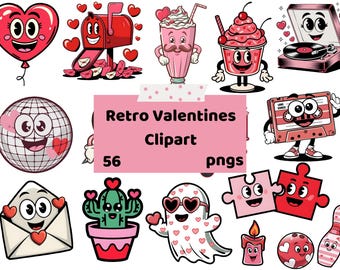 May include: Retro Valentine's Day clipart set of 56 PNG images featuring cute cartoon characters with hearts, a mailbox, a milkshake, a cassette tape, a bowling pin, a cactus, a ghost, a candle, a puzzle, a disco ball, a heart-shaped balloon, and a record player.