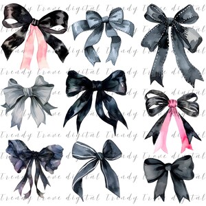May include: Set of nine watercolor illustrations of black and gray bows. The bows are in various styles and sizes, with some featuring white stripes.