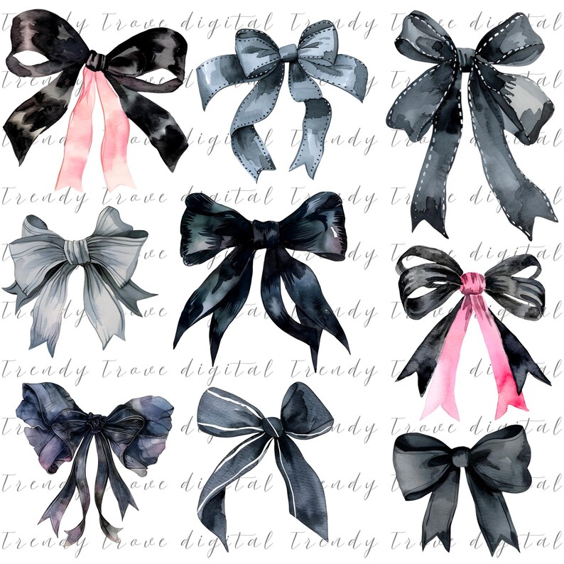 May include: Set of nine watercolor illustrations of black and gray bows. The bows are in various styles and sizes, with some featuring white stripes.