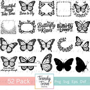 May include: A collection of 52 black and white butterfly designs, including detailed butterfly illustrations, frames, and text elements like "Beautiful Things Take Time" and "Born to Fly".