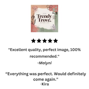May include: A square logo for Trendy Trove Etsy Clipart + SVGs featuring abstract botanical line art in shades of pink, sage green, and cream. Below the logo are five black stars and two customer reviews from Malyni and Kira in black text.
