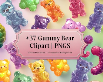 Puede incluir: Una colección de coloridos dibujos de ositos de goma en varios colores, incluyendo azul, verde, naranja, amarillo, morado y rosa. La imagen incluye el texto "+37 Gummy Bear Clipart | PNGs" y "Instant Download | Transparent Background".