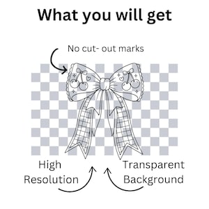 May include: A digital graphic of a bow with cherry and heart illustrations, featuring a plaid pattern on the tails. The text reads What you will get, No cut-out marks, High Resolution, and Transparent Background, with arrows pointing to the bow.