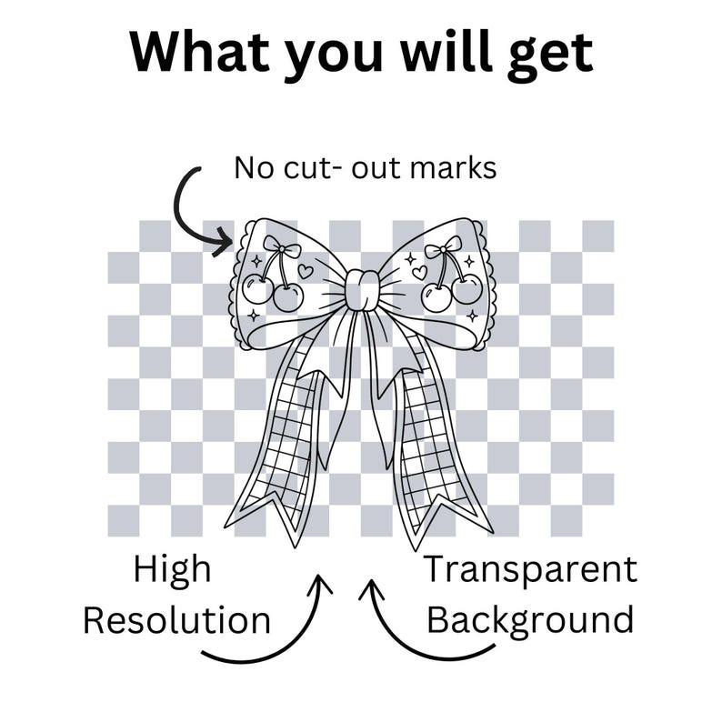 May include: A digital graphic of a bow with cherry and heart illustrations, featuring a plaid pattern on the tails. The text reads What you will get, No cut-out marks, High Resolution, and Transparent Background, with arrows pointing to the bow.