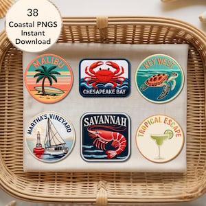 May include: Six coastal-themed patches with various designs. These include a crab, a sea turtle, a sailboat, a shrimp, a cocktail, and a palm tree with a surfboard. The patches feature text such as "Malibu", "Chesapeake Bay", and "Key West".