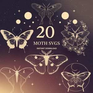 May include: A set of 20 moth SVGs for instant download. The image shows a variety of moth designs in a vintage style with a dark background and stars.