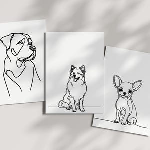 Puede incluir: Tres dibujos en blanco y negro de perros en papel blanco. Los perros son un Rottweiler, un Pomerania y un Chihuahua.