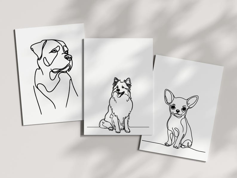 Puede incluir: Tres dibujos en blanco y negro de perros en papel blanco. Los perros son un Rottweiler, un Pomerania y un Chihuahua.