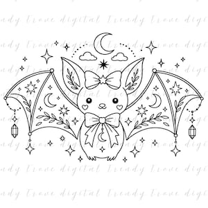 May include: A black and white line art illustration of a bat with large ears, a bow on its head, and a bow at its neck. The bat has outstretched wings decorated with stars, crescent moons, and leafy branches, with hanging crystal charms on each side.