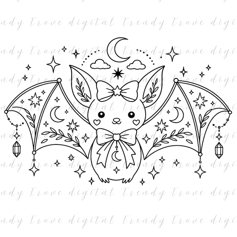 May include: A black and white line art illustration of a bat with large ears, a bow on its head, and a bow at its neck. The bat has outstretched wings decorated with stars, crescent moons, and leafy branches, with hanging crystal charms on each side.