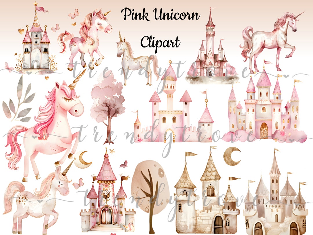 Pink Watercolor Unicorn and Castle Clipart for Birthday Party's ...