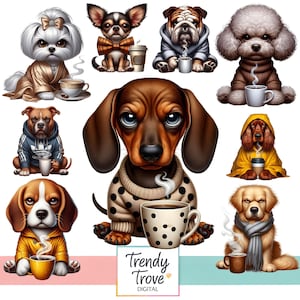 Grumpy Dogs with Coffee PNG Clipart: 34 Funny Puppy Digital Stickers