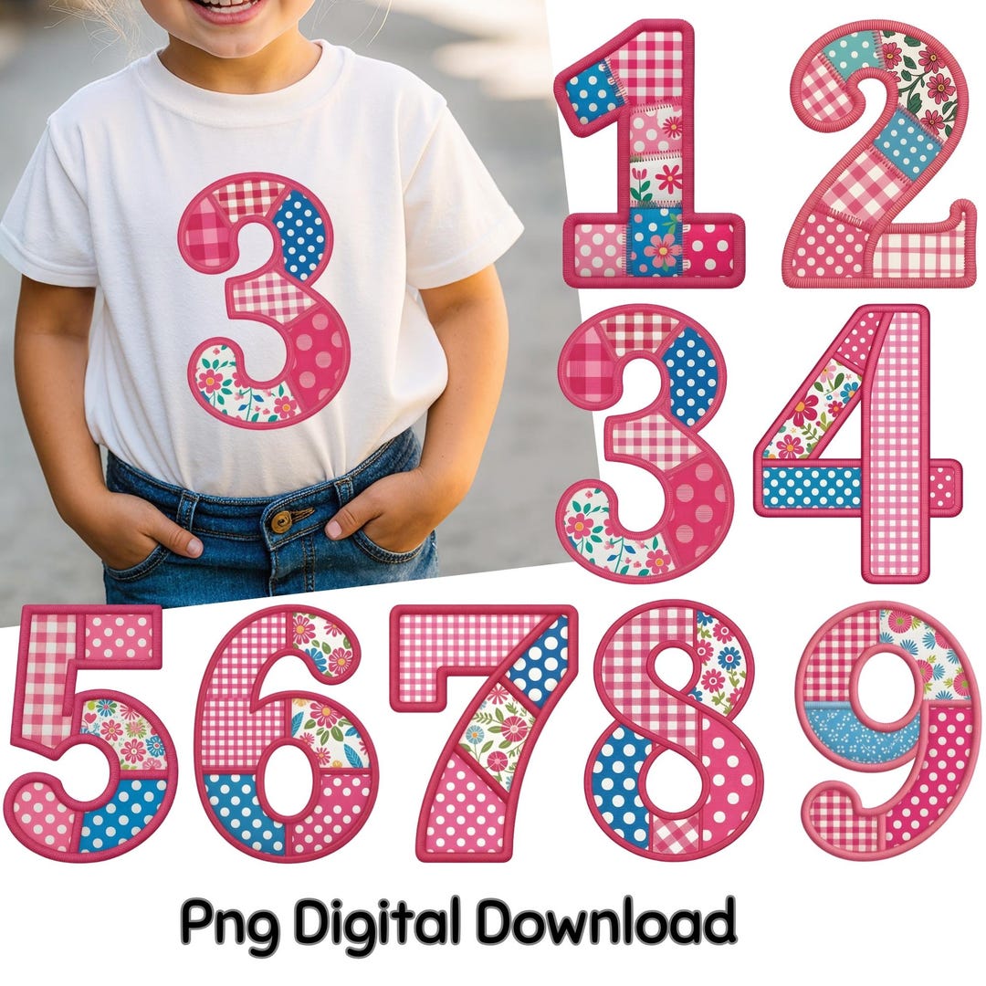 Patchwork Numbers 90 Patchwork Birthday Numbers PNG: Pink Floral Gingham Applique Style 1-9 ...