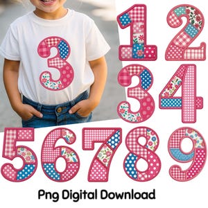Könnte beinhalten: Ein weißes T-Shirt mit einem rosa Aufnäher mit der Zahl 3 und ein Satz rosa Zahlen von 1-9. Jede Zahl ist ein Patchwork-Design mit Blumen-, Tupfen- und Vichy-Mustern. Der Text "Png Digital Download" steht unten.