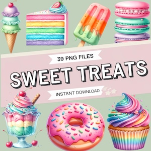 Clipart de doces, 39 PNGs de sobremesas, cupcakes de aquarela, doces, macarons, sorvete, clipart de confeitaria pastel, sublimação, download instantâneo