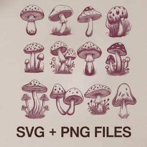 Puede incluir: Una colección de doce ilustraciones detalladas de hongos en varias formas y tamaños, representadas en un tono borgoña oscuro. Los diseños incluyen sombreros punteados y detalles de tallos, con algunos hongos que presentan hierba o follaje. El texto en la parte inferior dice "SVG + PNG FILES."