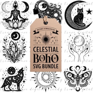 Boho céleste SVG, Clipart Phase de lune, étoile soleil spirituel SVG, conception Boho lune, fichier de coupe Cricut, clipart sorcière, sublimation, découpé au Laser