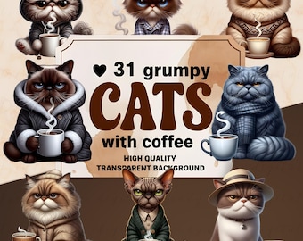 Mürrische Katze Kaffee Clipart: sarkastisches PNG-Bundle (31 Dateien)