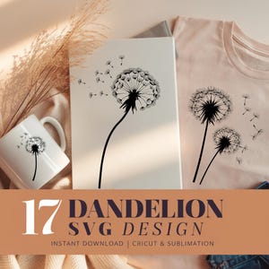Lot de 17 pissenlits SVG, Clipart Silhouette florale, fleurs sauvages, fichiers de coupe Cricut, Nature, vecteur botanique, conception de tatouage, téléchargement immédiat