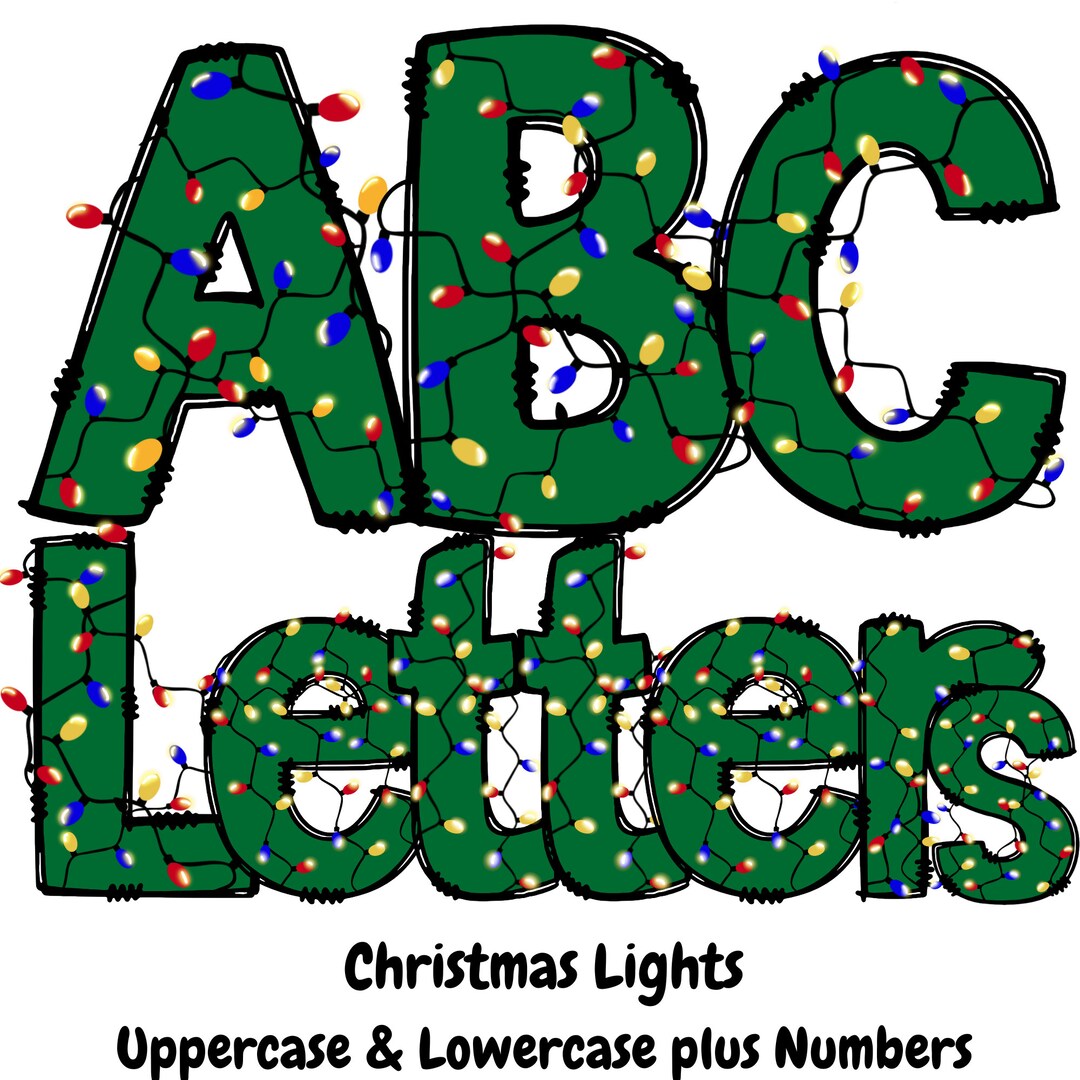 Christmas Lights Alphabet Set, Font, Letters uppercase and Lowercase, Numbers, PNG, Commercial ...