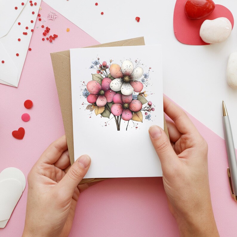 Puede incluir: Una tarjeta de felicitaci&oacute;n con una ilustraci&oacute;n de acuarela de un ramo de flores. Las flores son rosas, blancas y melocot&oacute;n, con hojas verdes y marrones. La tarjeta se sostiene sobre un fondo rosa, con un sobre marr&oacute;n.
