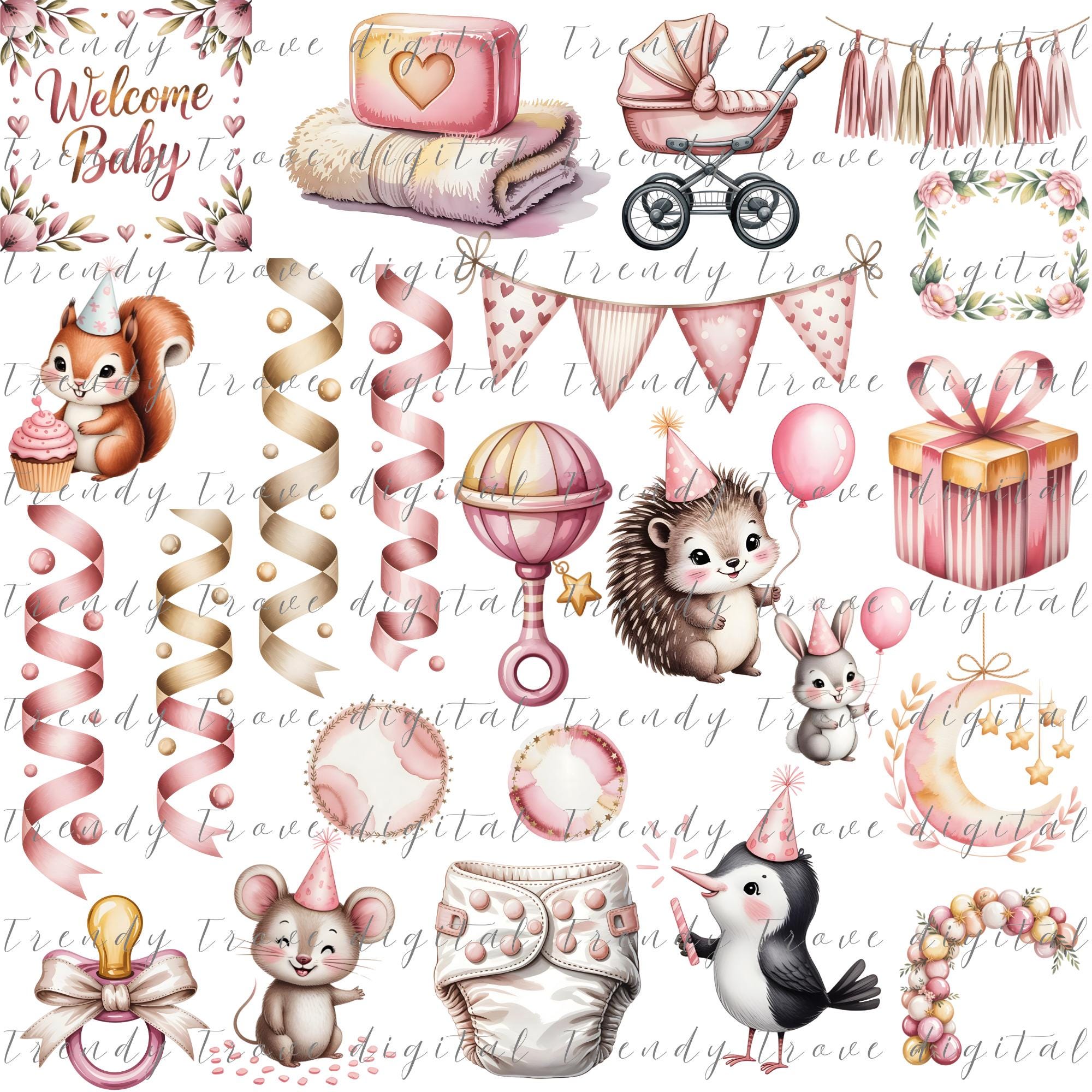 Pink Baby Shower Clipart Bundle | Watercolor PNG Graphics (instant ...