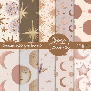 Boho Celestial naadloze patronen, maan en sterren JPG, mystieke clipart, kosmisch digitaal papier, astrologische kunst, plakboek, sublimatiebundel