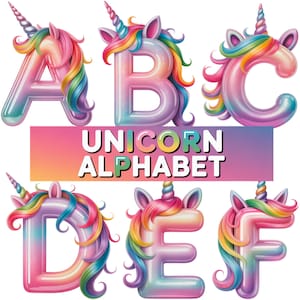 Unicorn Alphabet PNG Bundle, Pastel Rainbow Letters with Horns and Ears, Cute Clipart for Kids Crafts, Kids Birthday Party, Sublimation