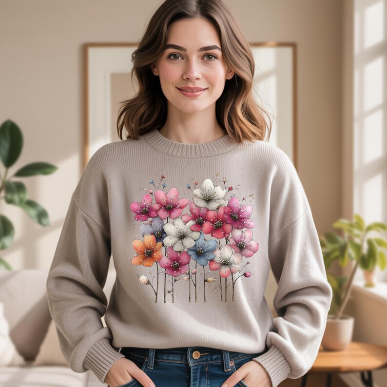 Puede incluir: Su&eacute;ter beige con un dise&ntilde;o floral con flores rosas, blancas, azules y naranjas. Las flores est&aacute;n agrupadas y tienen detalles delicados. El su&eacute;ter tiene cuello redondo y mangas largas.