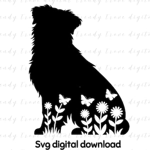 Puede incluir: Silueta negra de un perro sentado, con detalles florales y mariposas. El diseño incluye flores, mariposas y el texto "Svg digital download" en la parte inferior.
