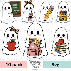 Könnte beinhalten: Ein digitales Illustrationsset mit sieben weißen Geisterfiguren mit schwarzen Augen und rosa Wangen. Die Geister sind mit schulbezogenen Gegenständen dargestellt, darunter eine Tafel mit dem Text Teach Love Inspire, eine Schleife mit Leopardenmuster, ein Bleistift, Buntstifte, ein Apfel, ein Rucksack und ein Bücherstapel.