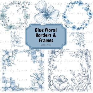 May include: A set of 25 blue floral borders and frames, perfect for adding a touch of elegance to your designs. The frames are drawn in a delicate, hand-drawn style and feature a variety of floral motifs.