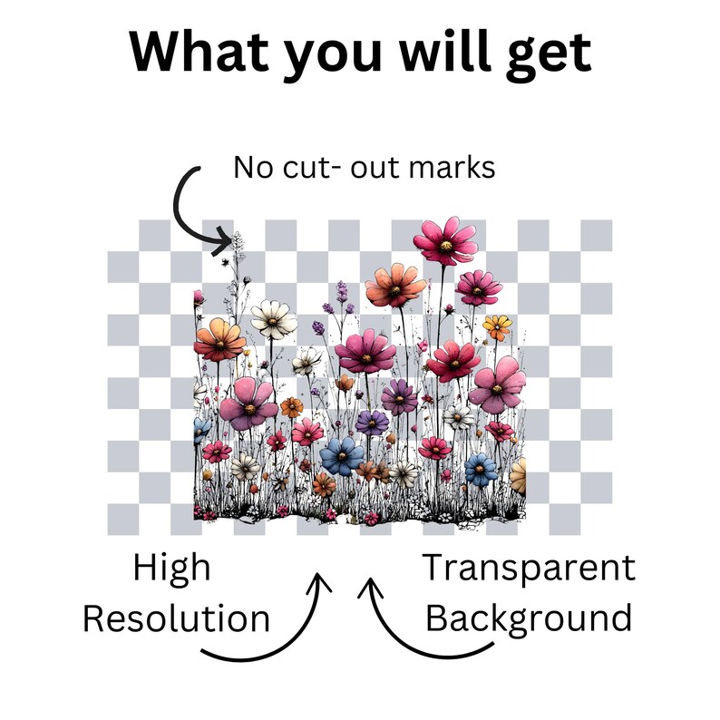 Puede incluir: Un dise&ntilde;o floral colorido con flores rosas, naranjas, azules y blancas. La imagen incluye el texto "What you will get", "No cut-out marks", "High Resolution" y "Transparent Background".