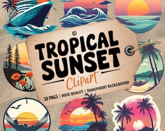 Retro Sunset PNG Bundle: Palm Tree, Ocean Waves (Digital Download)