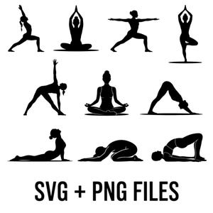 Può includere: Illustrazioni di silhouette nere di varie posizioni yoga, tra cui guerriero, albero e cane a testa in giù. L'immagine include anche il testo "SVG + PNG FILES" in basso, che indica file digitali da scaricare.
