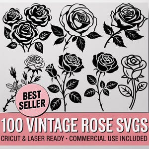 Vintage Rose SVG Bundle, 100 Cricut Cut Dateien, Laser bereite Blumen Clipart, kommerzielle Blume SVG, kommerzielle Nutzung, Shirt Abziehbilder, Becher