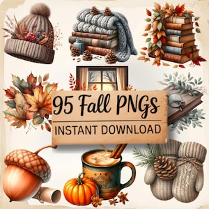 May include: A digital art collage featuring fall-themed elements. Includes a knitted hat, a stack of books with a gray scarf, and a mug of coffee. The image also has a sign that says "95 Fall PNGs Instant Download".