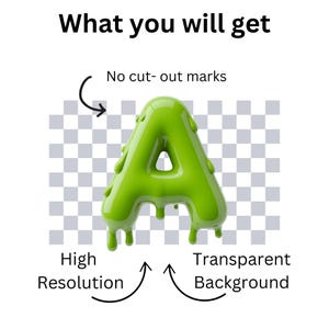 May include: A vibrant green letter "A" with a dripping design, displayed on a transparent, chequered backdrop. Text includes "What you will get", "No cut-out marks", "High Resolution", and "Transparent Background".