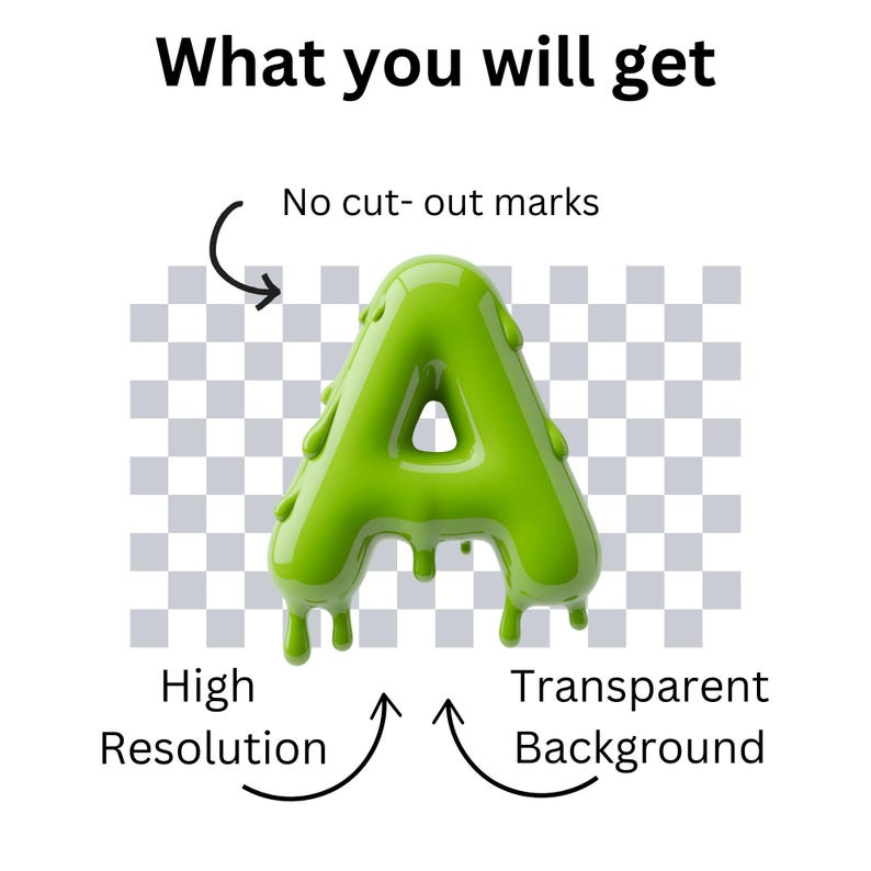 May include: A vibrant green letter "A" with a dripping design, displayed on a transparent, chequered backdrop. Text includes "What you will get", "No cut-out marks", "High Resolution", and "Transparent Background".