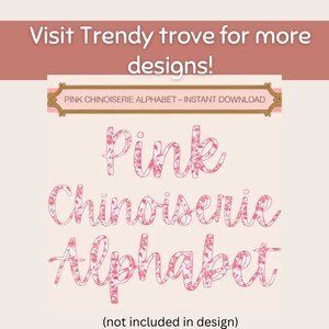 Puede incluir: Alfabeto chinoiserie rosa de descarga instant&aacute;nea. Las palabras "Pink Chinoiserie Alphabet" est&aacute;n escritas en rosa con un patr&oacute;n floral.