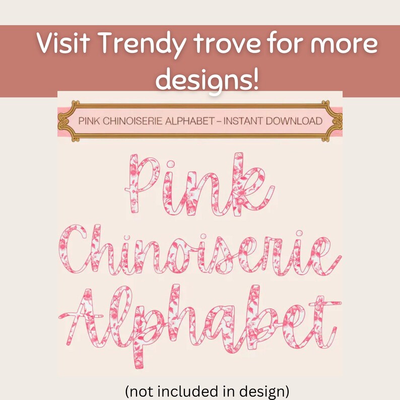 Puede incluir: Alfabeto chinoiserie rosa de descarga instant&aacute;nea. Las palabras "Pink Chinoiserie Alphabet" est&aacute;n escritas en rosa con un patr&oacute;n floral.