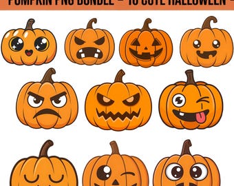Halloween Pumpkin Faces PNG Bundle – 10 Jack-o'-Lantern Clipart (Instant Download