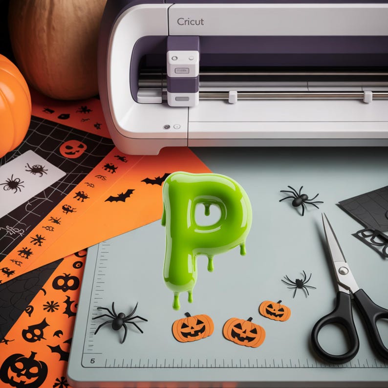 May include: A Cricut machine and Halloween craft supplies are arranged on a table. A green, glossy letter "P" drips onto a light blue cutting mat. Paper cutouts of pumpkins, spiders, and bats are scattered around the mat.
