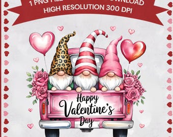 Valentine Gnomes Truck PNG: Pink Pickup Sublimation (Instant Download)