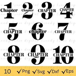 May include: A set of black digital designs numbered 1 to 10, each with the word "Chapter" incorporated. Includes file type icons for PNG, SVG, DXF, and EPS. Suitable for digital crafting or print applications.