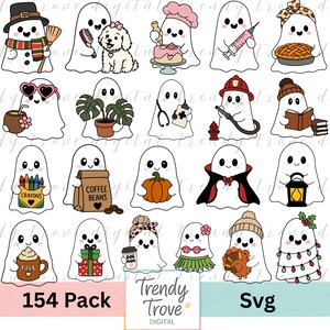May include: A collection of twenty cartoon ghost illustrations featuring various themes including a snowman, a dog, a baker, a doctor, a firefighter, a pumpkin, a vampire, a coffee drinker, and holiday-themed characters with the text Trendy Trove Digital.