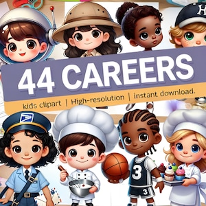 Pakiet clipartów dla dzieci Careers, 44 zawody PNG, urocze postacie z zawodów, zasoby dla nauczycieli, materiały do druku w klasie, naklejki, natychmiastowe pobieranie
